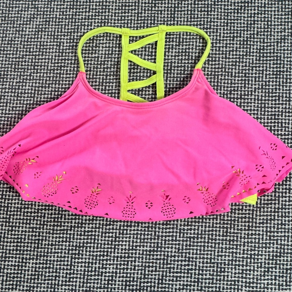 Girls Youth Pink Neon Green Pineapple Laser Cut Flounce Bikini Top Strappy Back